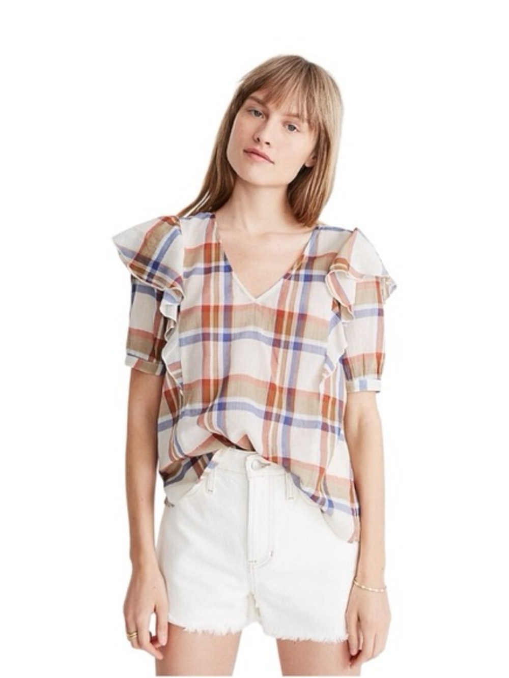 Madewell Plaid Ruffle Sleeve V-Neck Top - Beige, Blue, Rust